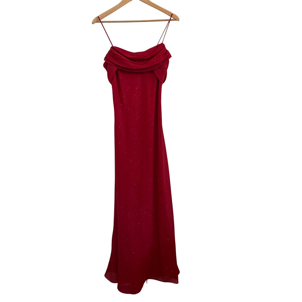 Betsy & Adam Red Shimmer Cowl Neck Full Length Gown Back Bow 9686D2 Womens 14